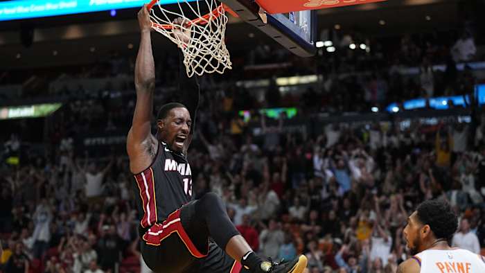 Bam Adebayo hanging off the rim